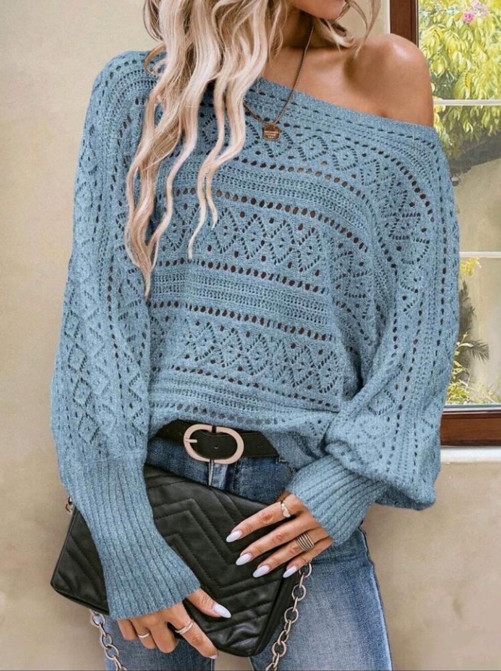 Batwing Sleeve Pointelle Knit Sweater,Long Sleeve Tops Knit Pullover
